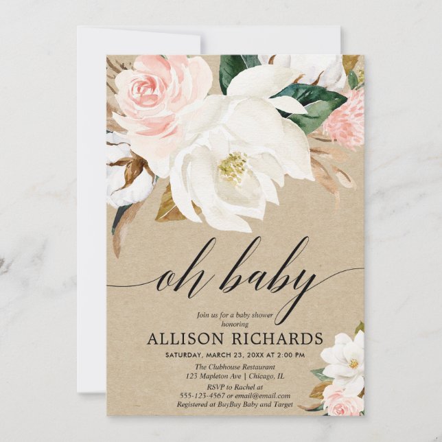 Rustic floral fall girl baby shower, blush white invitation (Front)