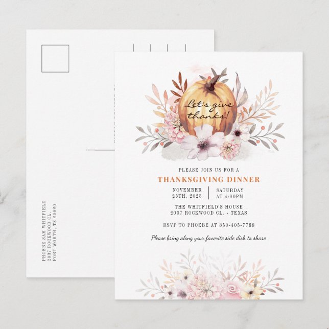 Rustic Floral Fall Leaves Pumpkin Thanksgiving Invitation Postcard (Front/Back)