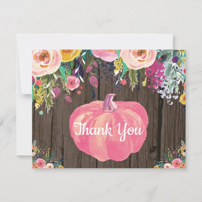 Rustic Floral Fall Pumpkin Thank You Card (Front)