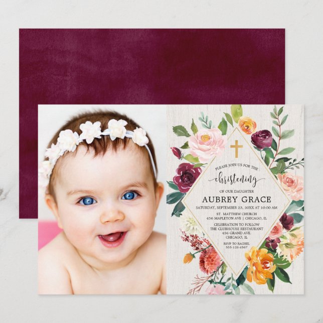 Rustic floral fall watercolor Christening photo Invitation (Front/Back)