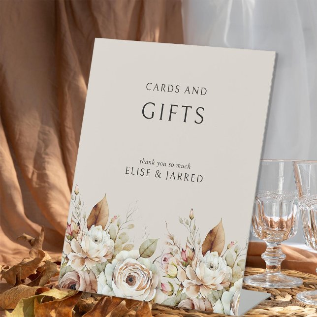 Rustic Floral Fall Wedding Cards and Gifts Pedestal Sign (Cards and Gifts table sign from the Rustic Floral Brown Neutral Wedding Collection by Darling & May)