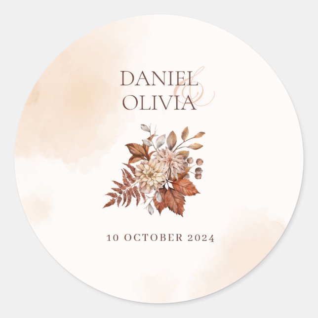 Rustic Floral Fall Wedding  Classic Round Sticker (Front)