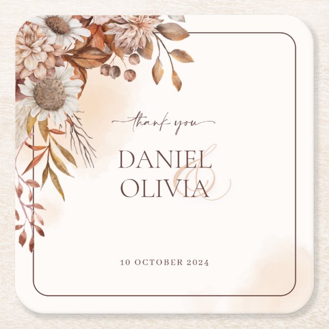 Rustic Floral Fall Wedding Paper Coasters (Front)