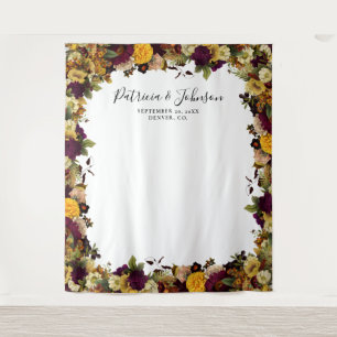 Rustic floral fall wedding photo booth backdrop tapestry