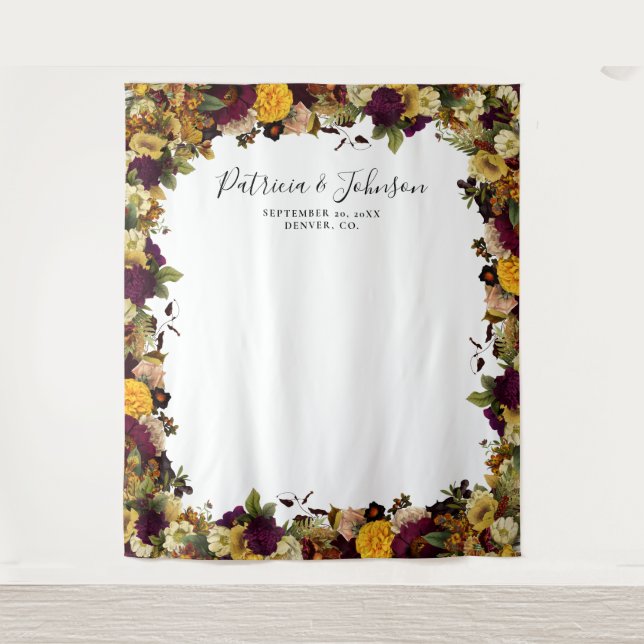 Rustic floral fall wedding photo booth backdrop tapestry (Front)
