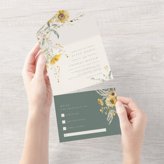 Rustic Floral Fall Wedding, Sunflower  All In One Invitation (Tearaway)