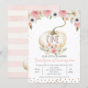 Rustic Floral Fall White Pumpkin 1st Birthday Invitation