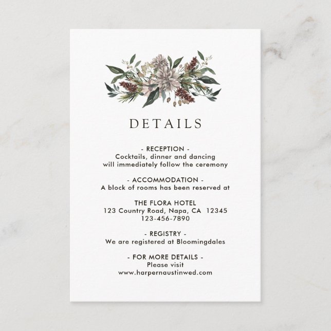 Rustic Floral Fall Winter Wedding Details Enclosure Card (Front)
