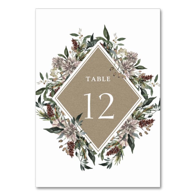Rustic Floral Fall Winter Wedding Table Number (Front)