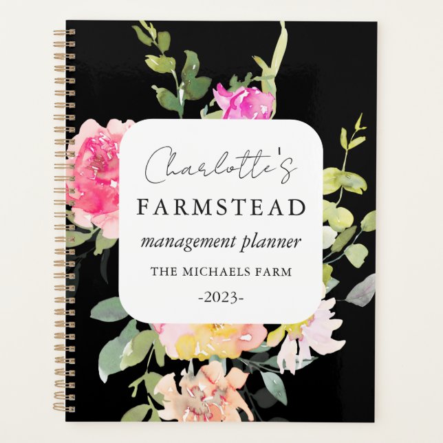 Rustic Floral Farmstead Management Black Planner (Front)