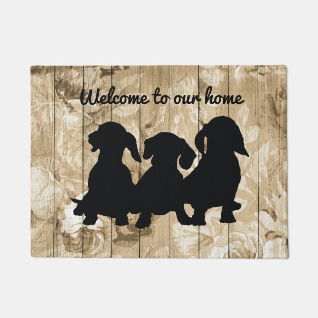 Rustic Floral Faux Wood Dachshund Doormat (Front)