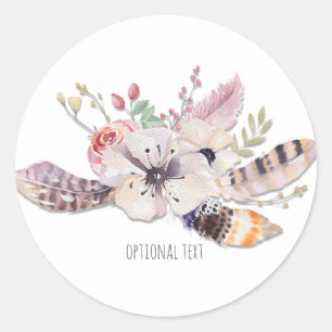 Rustic Floral & Feathers Boho Chic Custom Favour Classic Round Sticker