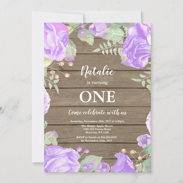 Rustic Floral First 1st Girl Birthday Invitation (Front)