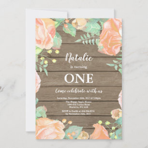 Rustic Floral First 1st Girl Birthday Invitation