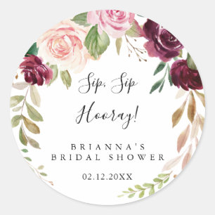 Rustic Floral Foliage Sip Sip Hooray Bridal Shower Classic Round Sticker