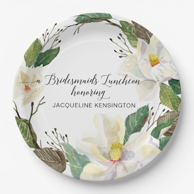Rustic Floral Foliage White Magnolia Watercolor Paper Plate (Front)