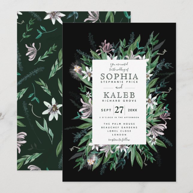 Rustic Floral Frame in Midnight black Invitation (Front/Back)