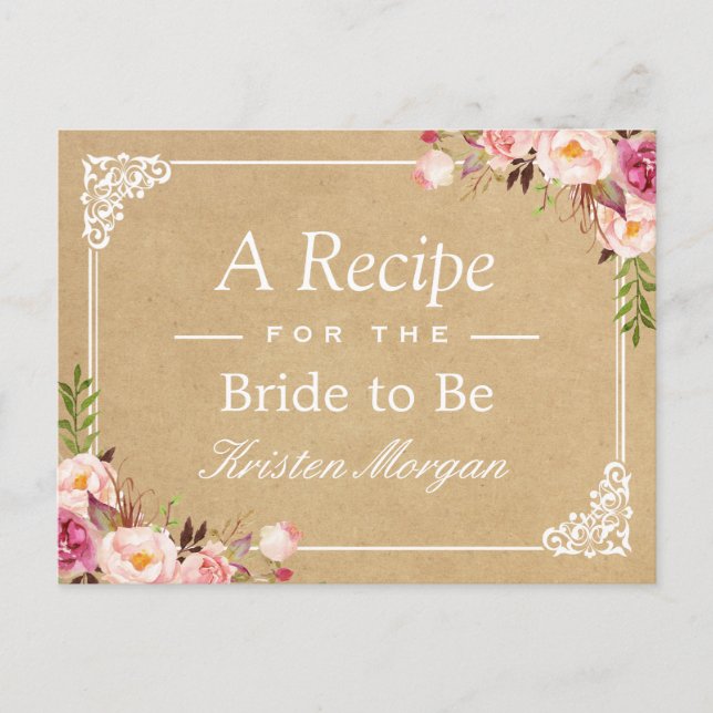 Rustic Floral Frame Kraft Bridal Shower Recipe Postcard (Front)
