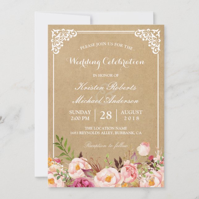 Rustic Floral Frame Kraft | Wedding Celebration Invitation (Front)