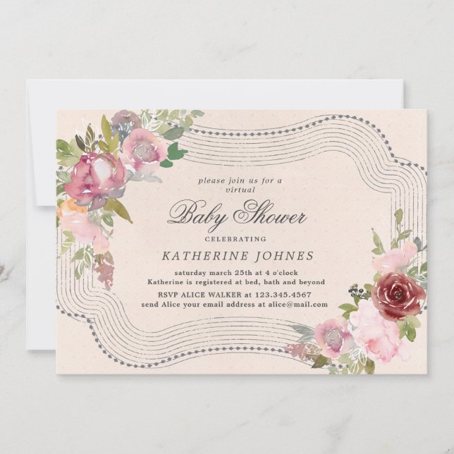 rustic floral frame virtual baby shower invite (Front)