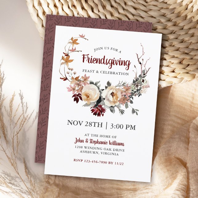 Rustic Floral Friendsgiving Thanksgiving Dinner Invitation (This invitation is available in both printed and instant download formats!)