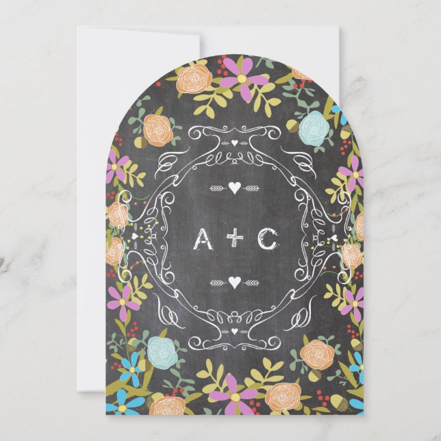 Rustic Floral Garland Chalkboard Wedding Invitation (Back)