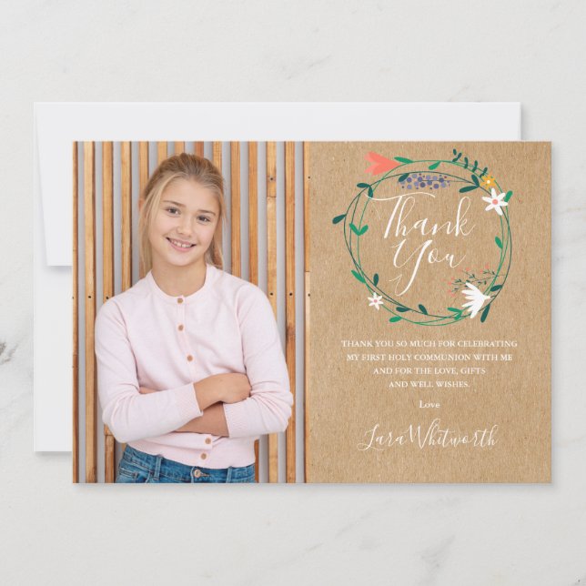 Rustic Floral Garland First Holy Communion Thank You Card (Front)