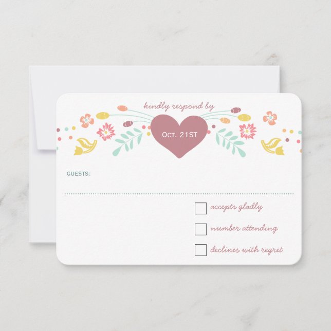 Rustic Floral Garland Folk Art Marsala Wedding RSVP Card (Front)