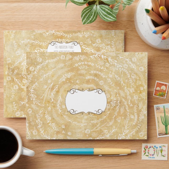 Rustic Floral Garland Folk Art Pattern Wedding Envelopes (Desk)
