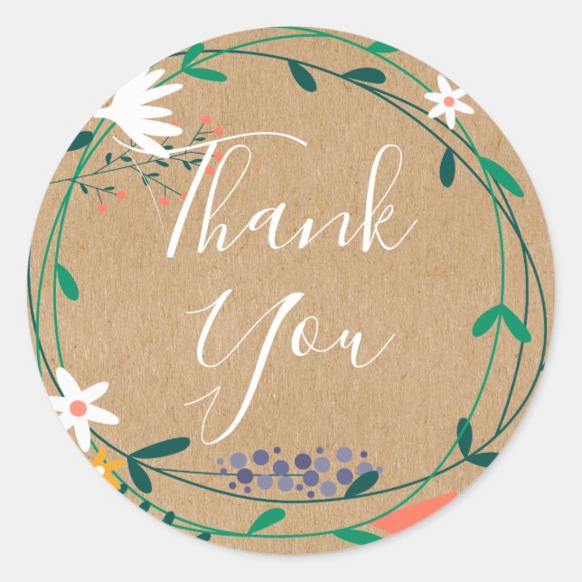 Rustic Floral Garland Script Thank You Classic Round Sticker (Front)