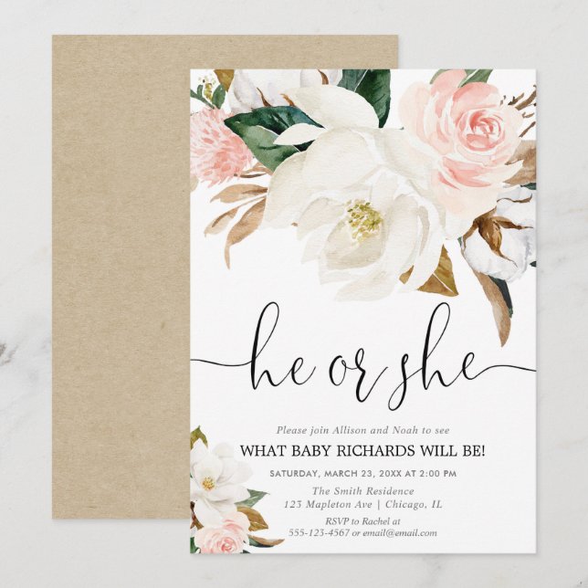 Rustic floral gender reveal, white pink magnolia invitation (Front/Back)