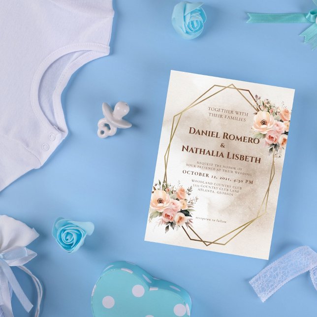 Rustic Floral Geometric Gold Frame Wedding Invitation (Creator Uploaded)