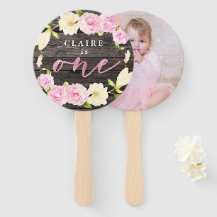 Rustic Floral Girl 1st Birthday Party Custom Photo Hand Fan