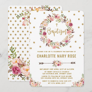 Rustic Floral Girl Baptism Christening Invitation