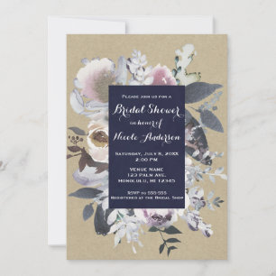 Rustic Floral Glam Navy Kraft Bridal Shower Chic Invitation