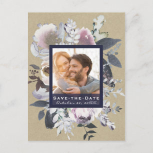 Rustic Floral Glam Navy Kraft Photo Save the Date Announcement Postcard