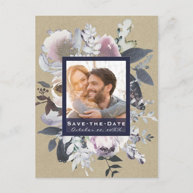 Rustic Floral Glam Navy Kraft Photo Save the Date Announcement Postcard (Front)