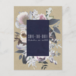 Rustic Floral Glam Navy Kraft Save the Date Announcement Postcard