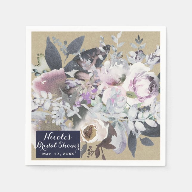 Rustic Floral Glam Navy Kraft Wedding Bridal Chic Napkin (Front)