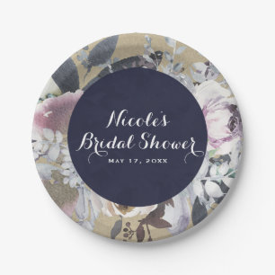 Rustic Floral Glam Navy Kraft Wedding Bridal Chic Paper Plate