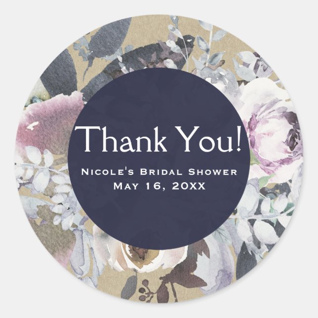 Rustic Floral Glam Navy Kraft Wedding Bridal Favou Classic Round Sticker (Front)