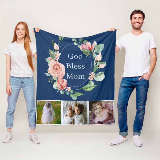 Rustic Floral God Bless Mum Mothers Day Photo Fleece Blanket (In Situ)