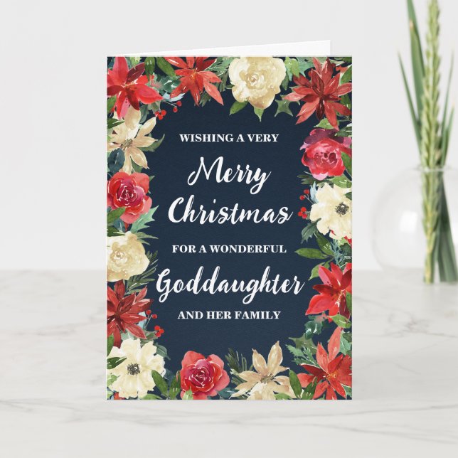 Rustic Floral Goddaughter & Family Merry Christmas Card (Front)