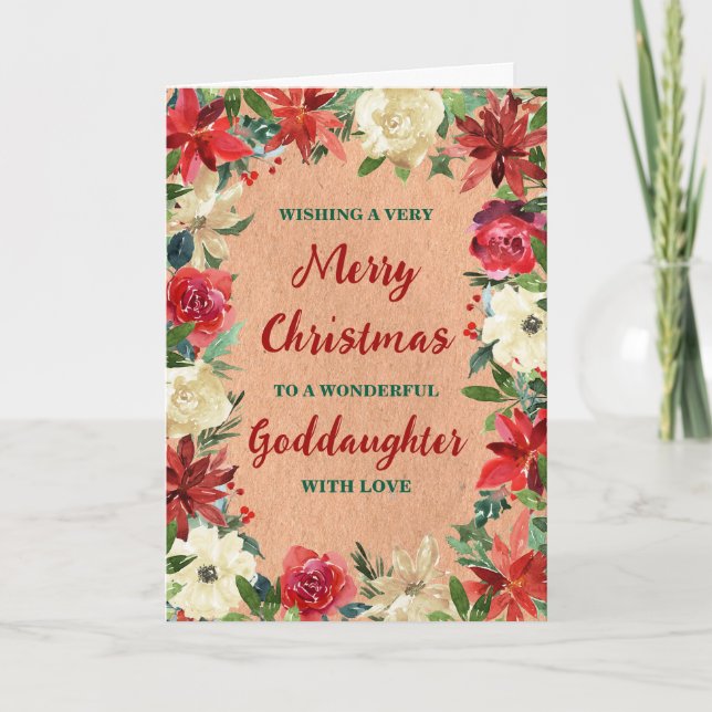 Rustic Floral Goddaughter Merry Christmas Card (Front)