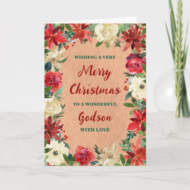 Rustic Floral Godson Merry Christmas Card (Front)