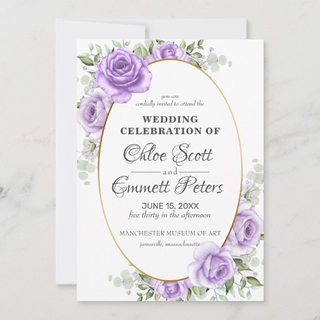 Rustic Floral Gold Border Light Purple Rose Weddin Invitation (Front)