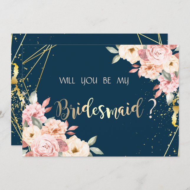Rustic Floral, Gold Navy Blue  Bridesmaid Card (Front/Back)