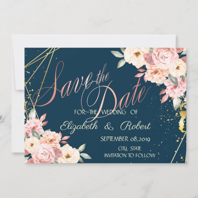 Rustic Floral,Gold, Navy Blue Save The Date (Front)
