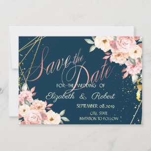 Rustic Floral,Gold, Navy Blue Save The Date
