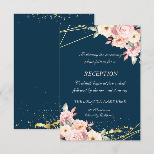 Rustic Floral Gold Navy Blue  Wedding Reception Invitation (Front/Back)